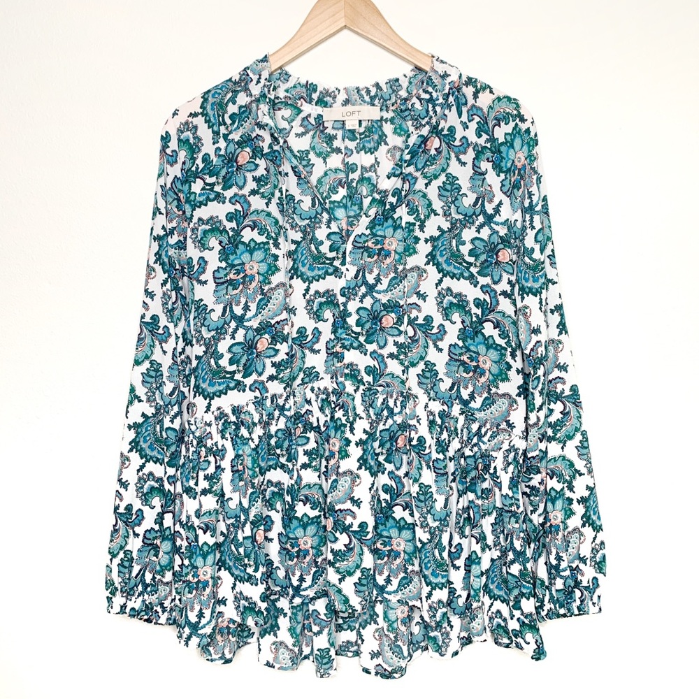 LOFT Floral Printed Sheer Blouse Blue & Pink Sz S